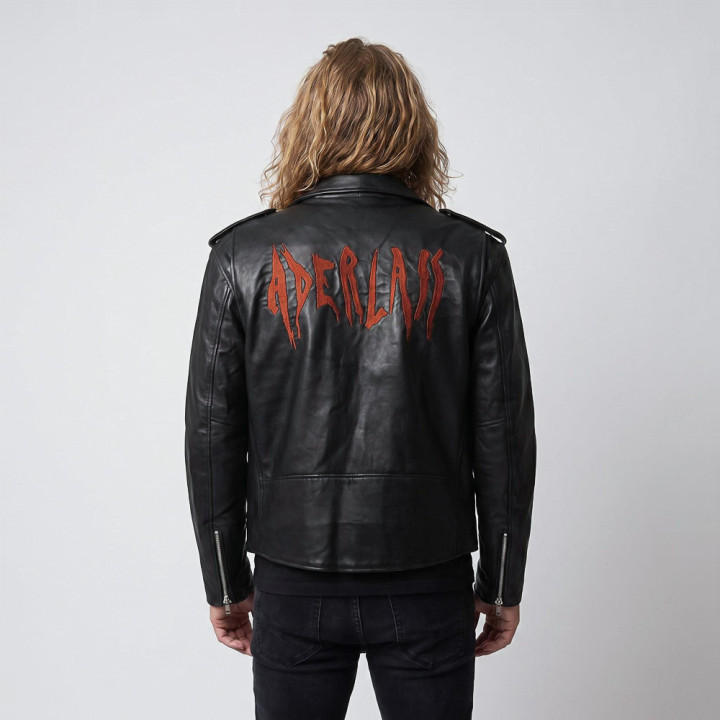 Aderlass Mens Biker Jacket Leather Embroidery Black