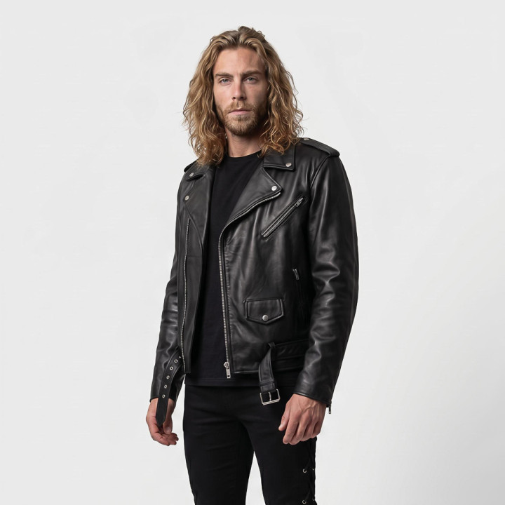 Aderlass Mens Biker Jacket Leather Embroidery Black