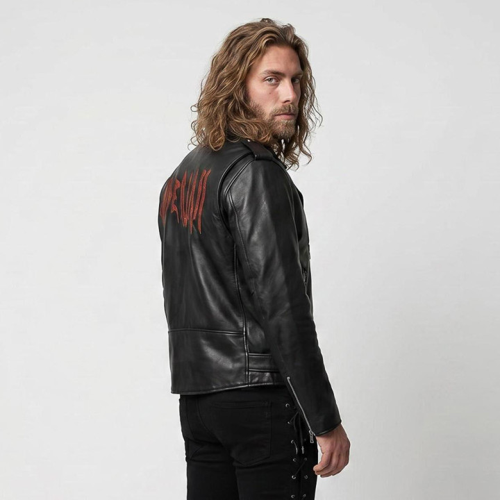 Aderlass Mens Biker Jacket Leather Embroidery Black