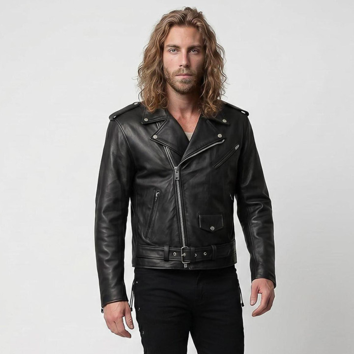 Aderlass Mens Biker Jacket Leather Embroidery Black