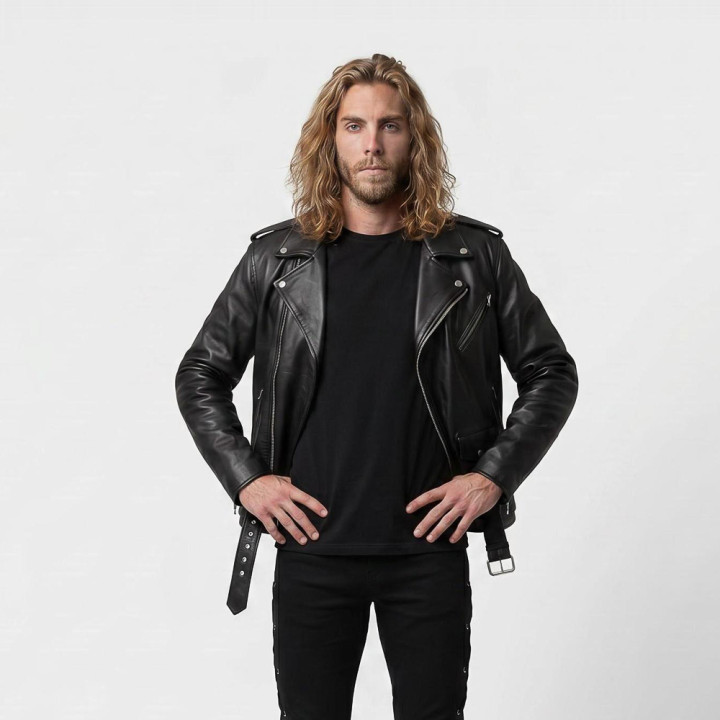 Aderlass Mens Biker Jacket Leather Embroidery Black